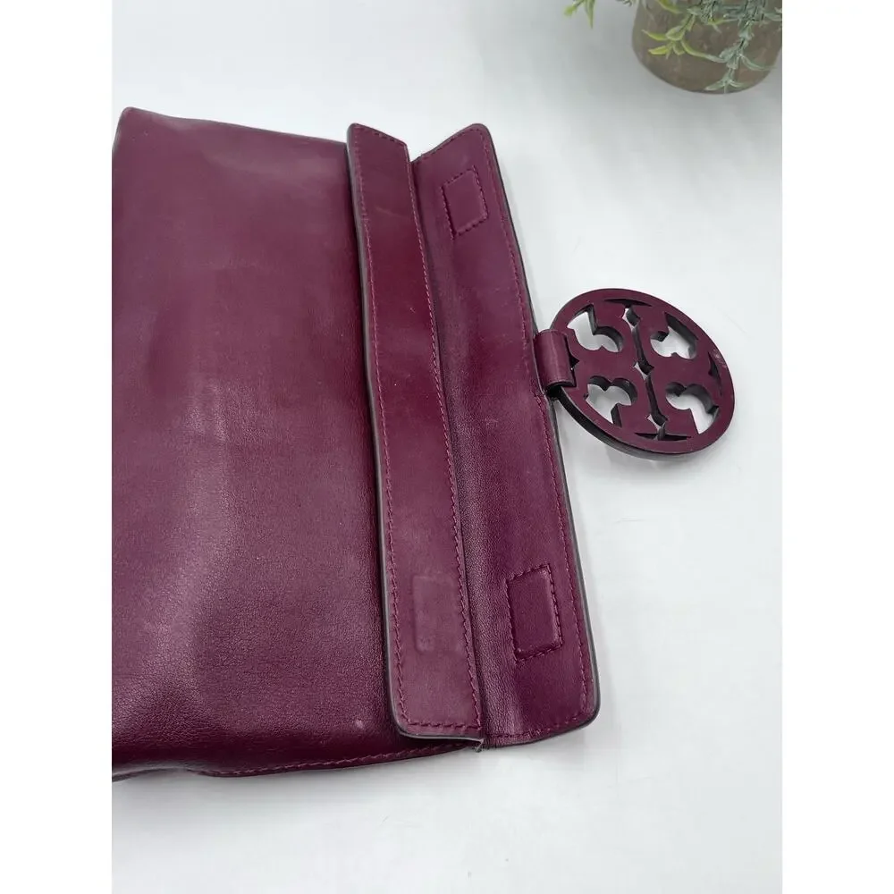 Tory Burch Burgundy Port Wine Logo Front‎ Leather Miller Fold-over Clutch